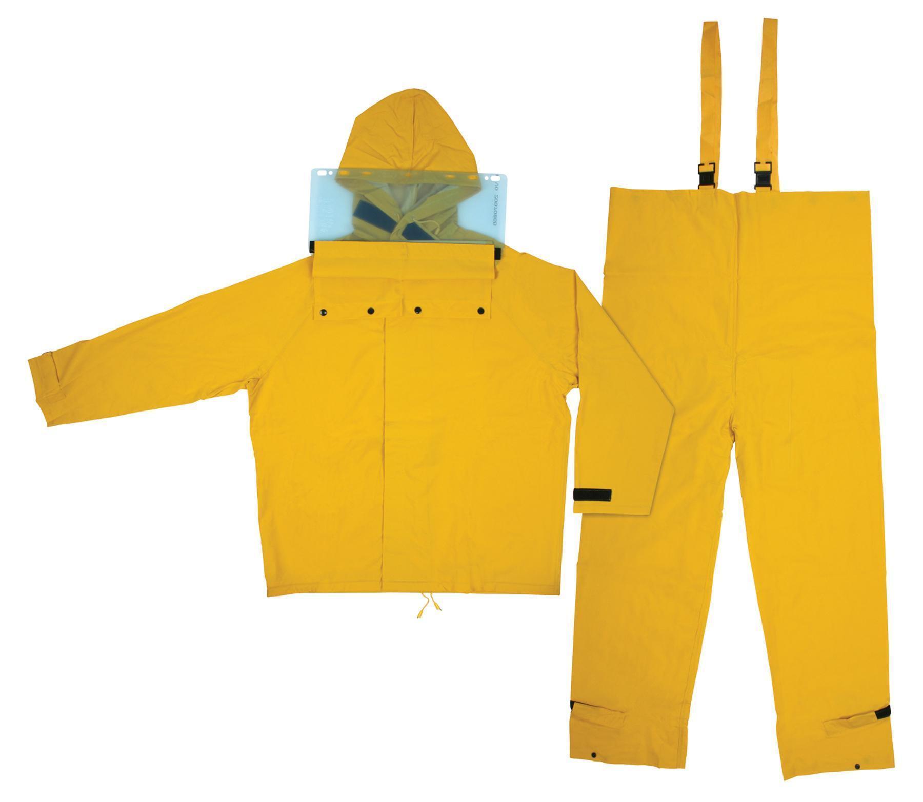 Rainsuit, 2-Piece, Series: Hydroblast®, 6XL Size, Yellow, PVC/Polyester, Attached Hood, 70 in Chest, 60 in Waist, 35 in Inseam Length, 0.35 mm Thickness, Hook and Loop Closure