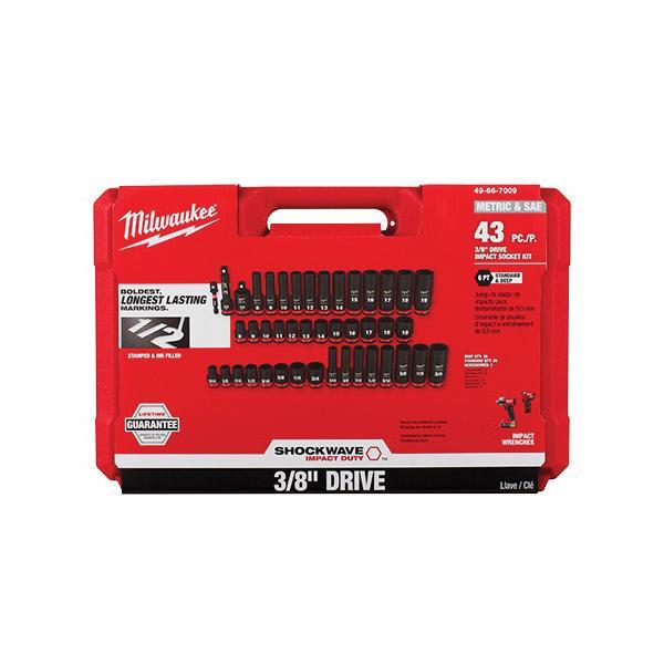 Socket Set, Deep, Impact Rated: Yes, Measurement System: Metric/SAE, 43 Piece, 6 Points, 3/8 in Drive, Hex Socket Shape, Case, For Use With: 3/8 in Drive Impact Wrenches, Drivers, Ratchets and Adapters, Forged Steel, Black