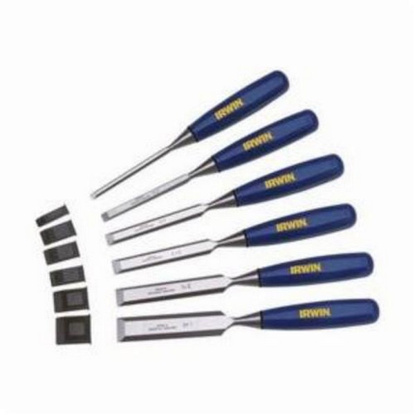 Wood Chisel Set, 1/4 to 1 in Chisel, 6 Number of Chisels, 6 Piece, 1/4 in, 3/8 in, 1/2 in, 5/8 in, 3/4 in, 1 in Chisels and Wooden Case Set Contents, Hardened Steel, Blue