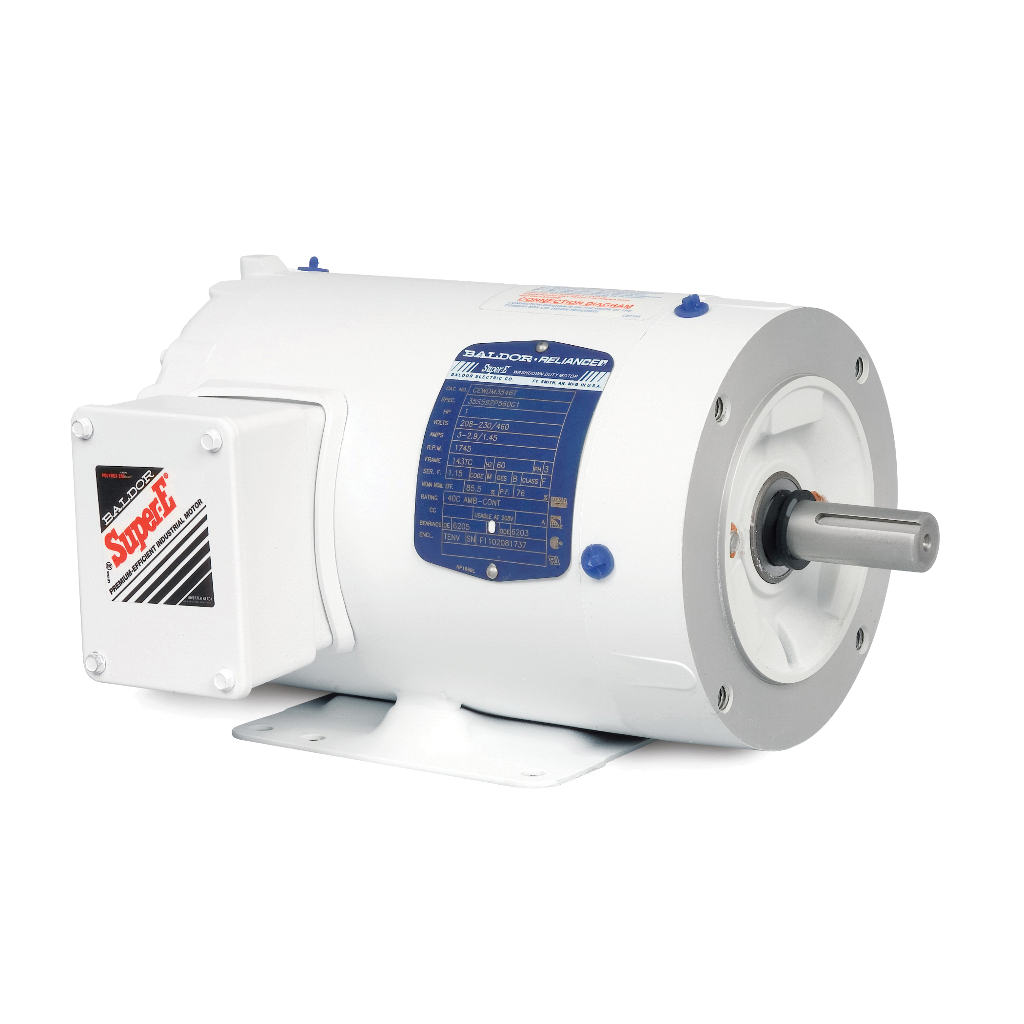 AC Motor, 1 HP, 208/230/460 VAC, 3/2.9/1.5 A, 60 Hz Frequency, 3 ph, 1745 RPM Speed, 1 Speed, TENV Enclosure, 143TC Frame, 7/8 in Shaft, Reversible Rotation, 1.15 Service Factor, Sealed Bearing, 3.03 ft-lb Torque, C-Face Foot Rigid Base Mounting, 40 to 76 C, Insulation Class: Class F, Steel, 12.12 in L x 10.25 in W x 7.04 in H Dimensions