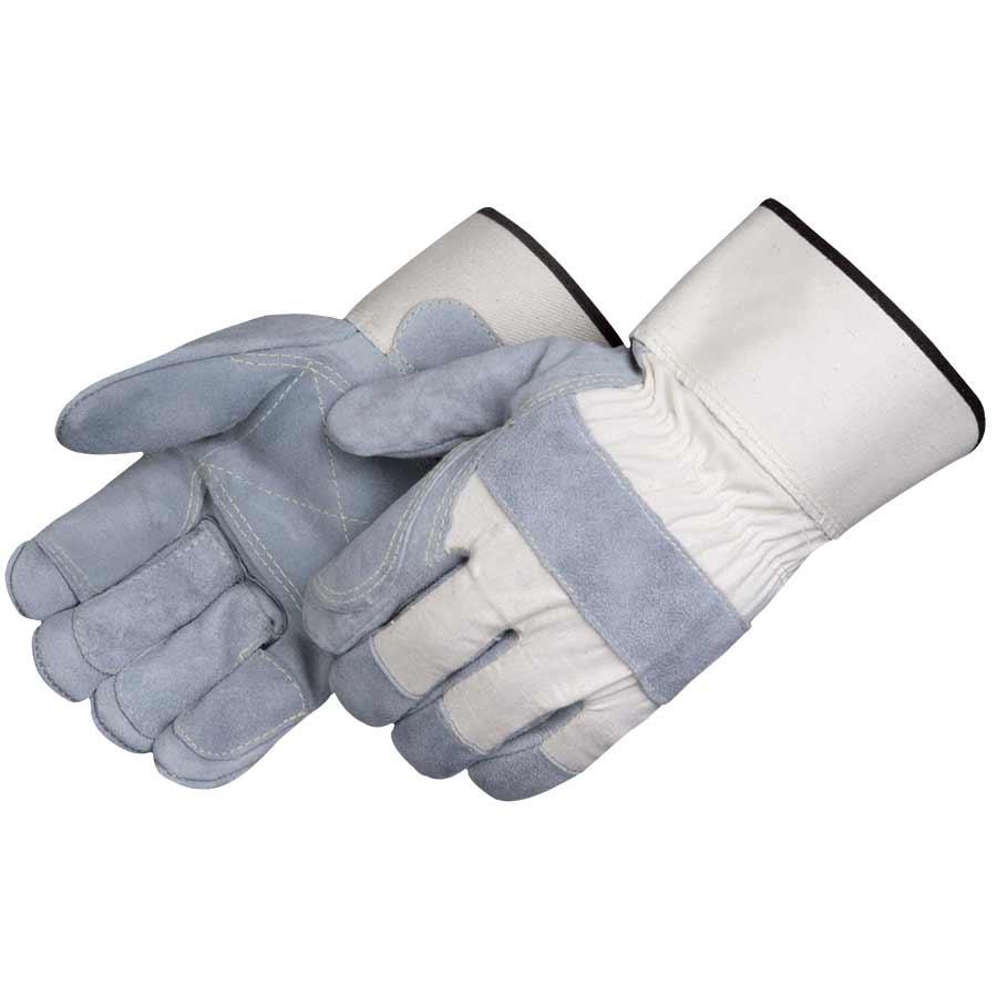 Glove, Double Palm, Series: 3515, Leather Palm, 70% Cowhide Leather/30% Cotton, Gray/White, Wing Thumb Style, Cotton Lining, Safety Cuff, Palm and Fingers Coating Coverage, Knuckle Strap Closure, 2-3/4 in Length