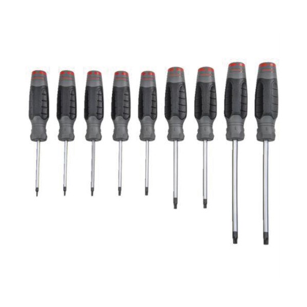 Screwdriver Set, Measurement System: Imperial, 9 Piece, Ergonomic Quad-Lobe Handle, Screwdriver Types Included: Torx®, No ESD-Safe, Insulated: No, Specifications Met: ASME B107.15, Specifications: 3 to 6 in L Round Shank, Alloy Steel Shank, Polished