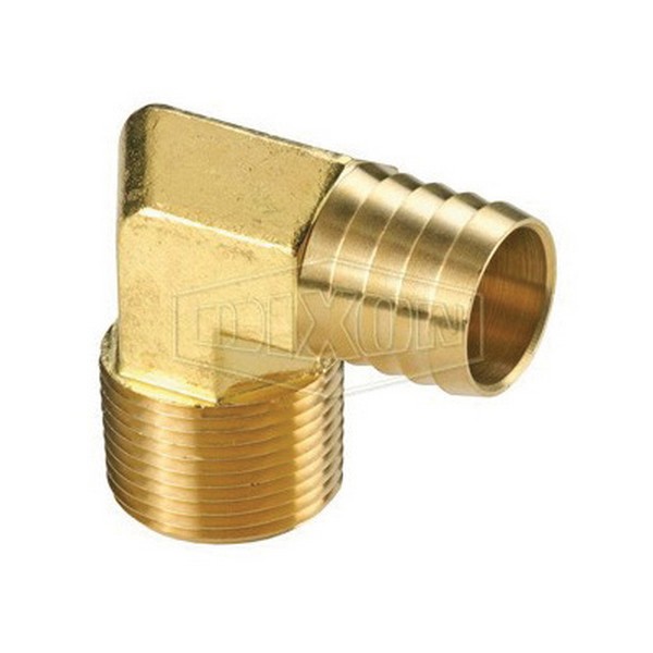 Hose Elbow, Fitting/Connector Type: 90° Elbow, 1/2 x 5/8 Inch Nominal, MNPTF x Hose Barb End Style, 3 Barb, 0.87 Inch Barb Length, Brass, Domestic