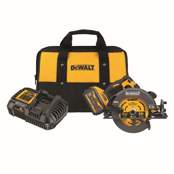 Circular Saw, Brushless Cordless, 7-1/4 in Blade, Blade Side Right, 5/8 in Arbor/Shank, 5800 RPM Speed, 2 in, 2-9/16 in Cutting Depth, 45/90°Cutting Angle, Bevel Capacity: 57°, 60 VDC, Lithium-Ion Battery, 9 Ah Battery, Battery Included: Yes