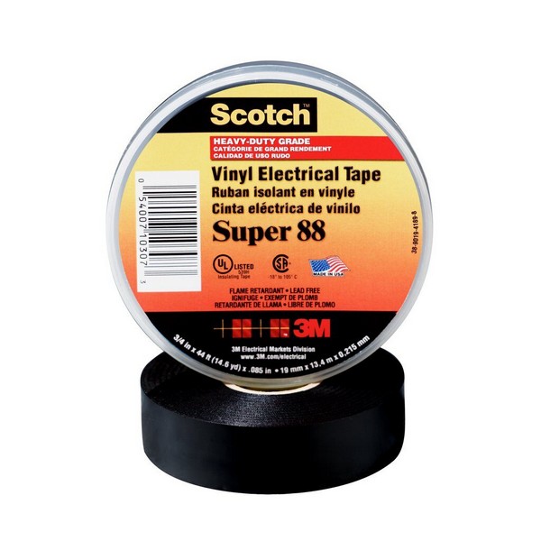 Electrical Tape, 1-Sided Premium-Grade, 44 Foot Length, 1-1/2 Inch Width, 8.5 mil Thickness, Black, Rubber Adhesive, PVC Backing, 600 VAC, 20 in-lb Tensile Strength, 221 °F Maximum Operating, Specifications Met: ASTM D3005-99 Type II