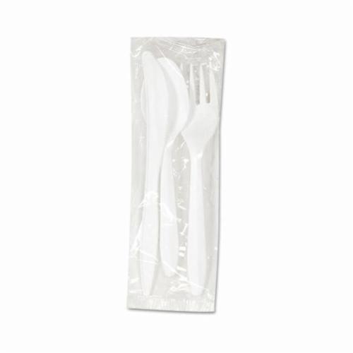 Wrapped Cutlery Kit, 3 Piece, Polypropylene, White