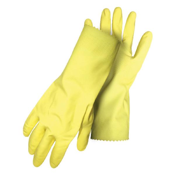 Chemical-Resistant Gloves, Lightweight, Series: 1UR0956, L Size, Latex Palm, Latex, Yellow, Embossed/Raised Diamond Grip Style, Cotton Flock Lining, Pinked Cuff, Unsupported Support, 12 in Length, 15 mil Thickness, Resists: Alcohols, Alkalis, Animal