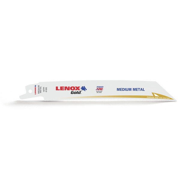 Reciprocating Saw Blade, Power Arc Curved, 6 in Length, 3/4 in Width, 0.035 in Thickness, 18 TPI, Reinforced/Tapered Pitch Teeth, 1/2 in Tang, Universal/Toothed Edge Tang, HSS Cutting Edge, Steel Body, Titanium Coated, Applicable Materials: Thick Met