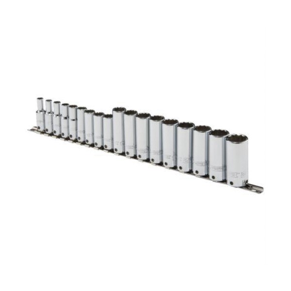 Socket Set, Measurement System: Metric, 18 Piece, 12 Points, Included Socket Size: 6 to 23 mm, 3/8 in Drive, Specifications Met: ASME B107.1, Yes Tether Capable, Polished Chrome