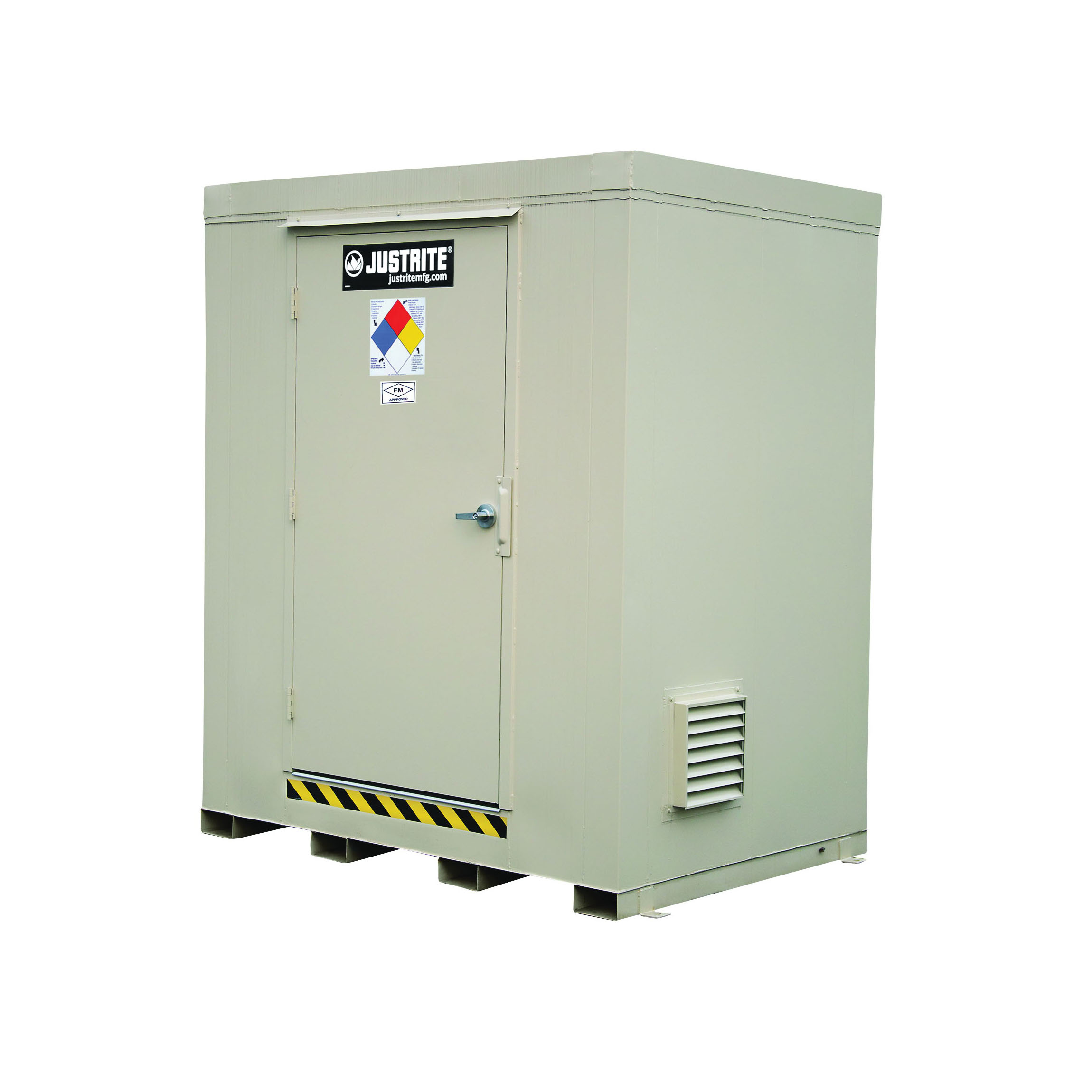 Outdoor Safety Locker, Fire Rating: 2 hr, (6) 55 gal Drum, 6000 lb Load, 116 gal Sump, 97 in Height, 88 in Width, 64 in Depth, Fire-Rated Door, 1 Doors, Heavy Gauge Steel, Bone