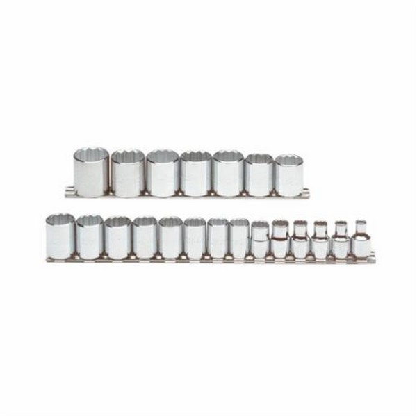 Socket Set, Measurement System: Metric, 21 Piece, 12 Points, Included Socket Size: 6 to 26 mm, 3/8 in Drive, Specifications Met: ASME B107.5M, Full Polished