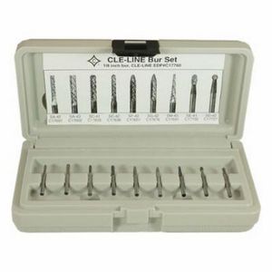 Burr Set, Inverted Taper, Series: 1855, 9 Piece, Solid Carbide Head, Bright, 1/8 in Shank Diameter