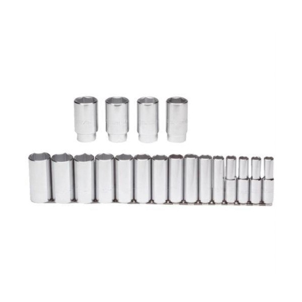 Socket Set, Deep, Measurement System: Imperial, 19 Piece, 6 Points, Included Socket Size: 3/8 to 1-1/2 in, 1/2 in Drive, Specifications Met: ASME B107.1, Full Polished