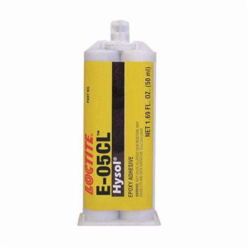 Epoxy Adhesive, 2-Part Low Viscosity, Series: Hysol® E-05CL™, Cartridge Container, 50 mL Container, Composition: Polymercaptan Hardener, Tertiary Amine, Monoethanolamine, 24 hr. Curing, Clear, 180 to 250 deg F, 1:1 Mixing Ratio, <lt/>1 % VOC, For Use