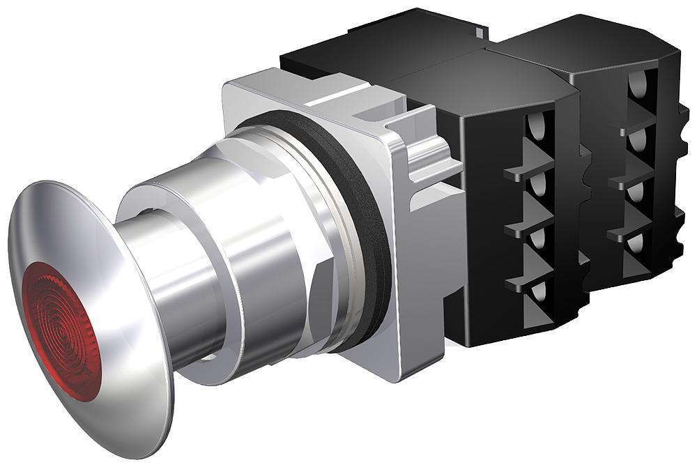 Illuminated Push-Pull Switch, 30 mm Size, 2NC ContConfiguration, Silver Contact, Momentary-In/Momentary-Out ContMode, 60 A at 110 VAC, 30 A at 230 VAC, 15 A at 400 VAC, 12 A at 500 VAC Contact, 44.5 mm Mushroom Head Operator, 3 Positions, Incandescen