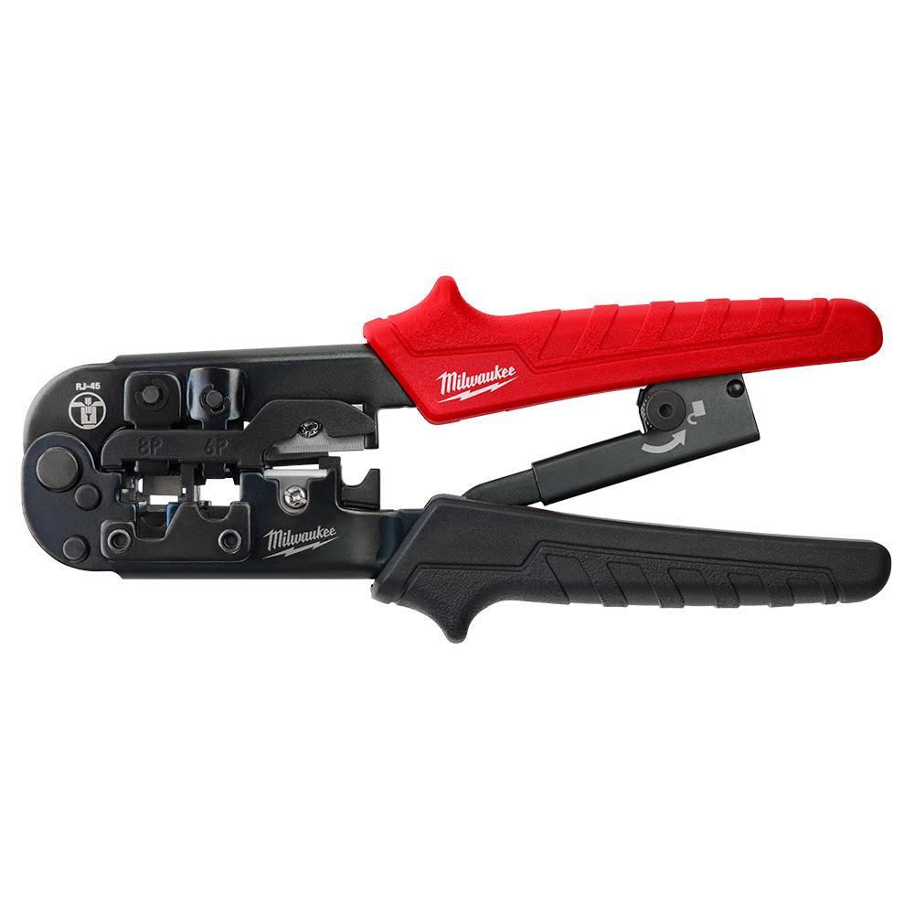 Crimper and Stripper, Pass-Through, 3.34 in Overall Length, Ergonomic Handle, Metal Body, Cat 5e/6 Cable