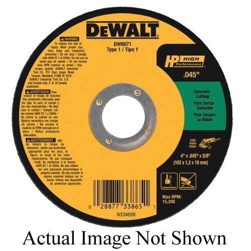 Cut-Off Wheel, Small Diameter, 4-1/2 in Wheel Diameter, 0.045 in Wheel, 7/8 in Center Hole, 60 Grit, Medium Grade, Silicon Carbide Abrasive, 13300 RPM Resin Bond, Applicable Materials: Asphalt, Concrete, Masonry, Metal and Stainless Steel, Wheel Type