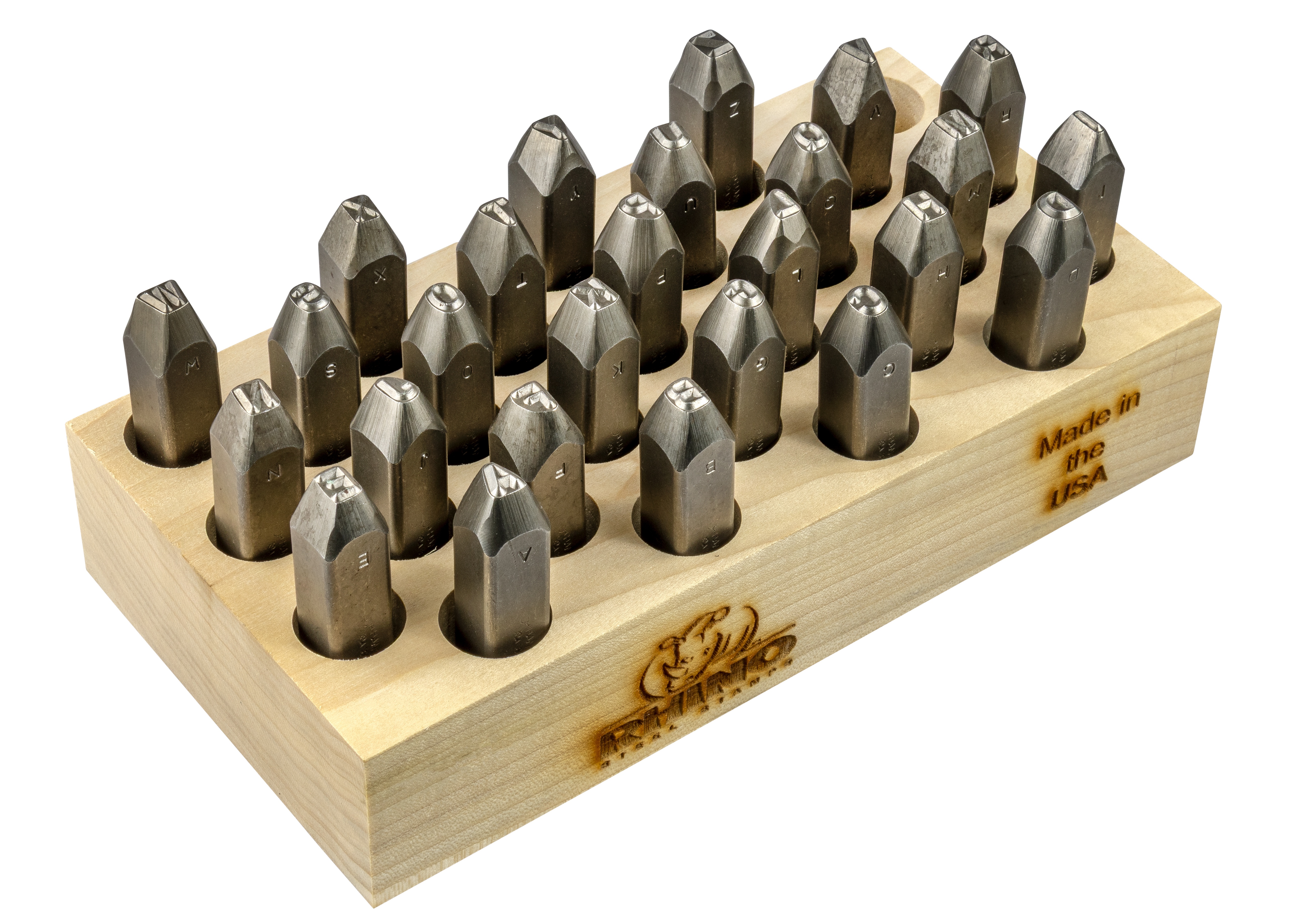 Letter Stamp Set, 26-Piece Rhino, Character: Letter A to Z, 1/8 in Character Height, 3-1/2 in Shank Length, 1/2 in Shank, Steel, 50 Rockwell C Hardness, Wood Case