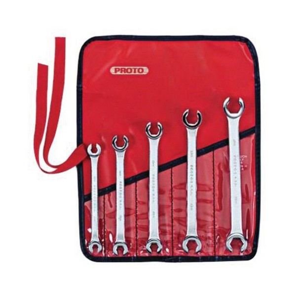 Double End Wrench Set, Flare Nut Double End, Metric System of Measurement, 7 x 8 to 15 x 17 mm Size, 5 Piece, For Use With: 4, 6 and 12 Point Fastener, Specifications: 6-Point, 60˚ Deep Offset, Flare Nut, Box End Drive, Satin