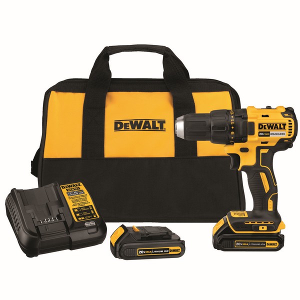 Drill/Driver Kit, Compact Brushless, Bare Tool/Kit: Kit, 1/2 in Chuck, Keyless/Ratcheting Chuck, 0 to 1600 RPM No-Load Speed, 2 Speed, 20 VDC, Lithium-Ion Battery, 1.5 Ah Battery, Battery Included: Yes, Plastic Housing, Comfort Grip/Ergonomic/Pistol