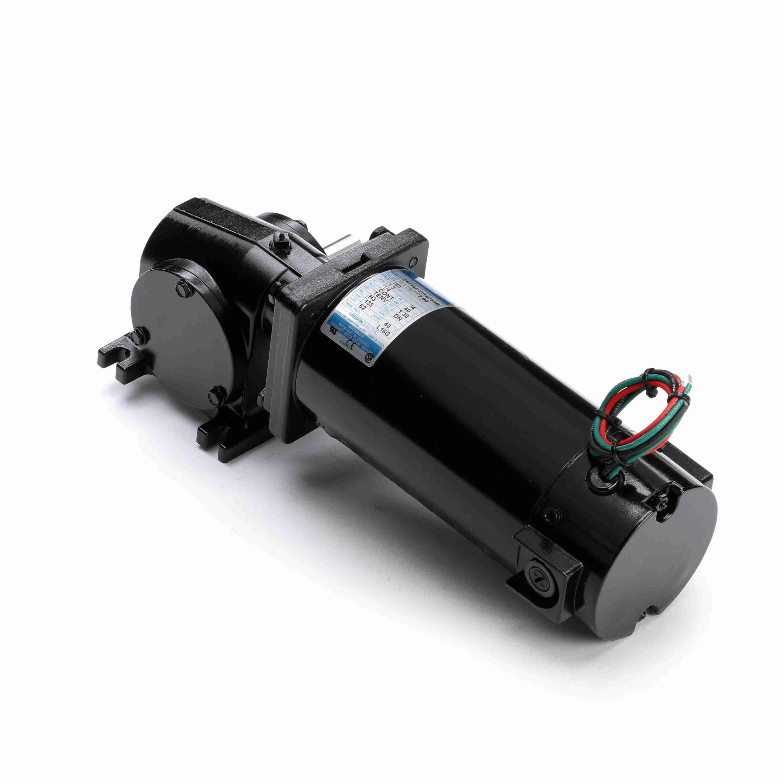 Gear Motor, Right Angle Continuous Duty, 180 V DC, 1.3 A Full Load Amperage, 0.25 hp, 62 RPM Maximum, 0.63 in Shaft Dia, 1.83 in Shaft Length, Reversible, 135 in-lb, 40:1 Gear Ratio, Worm Gear, Ball Bearing, 235 lb Overhung Load, Special Mount, 40 °C, Class H Insulation, Totally Enclosed Nonvented (TENV), Aluminum Housing, 12.64 in L x 6.61 in H