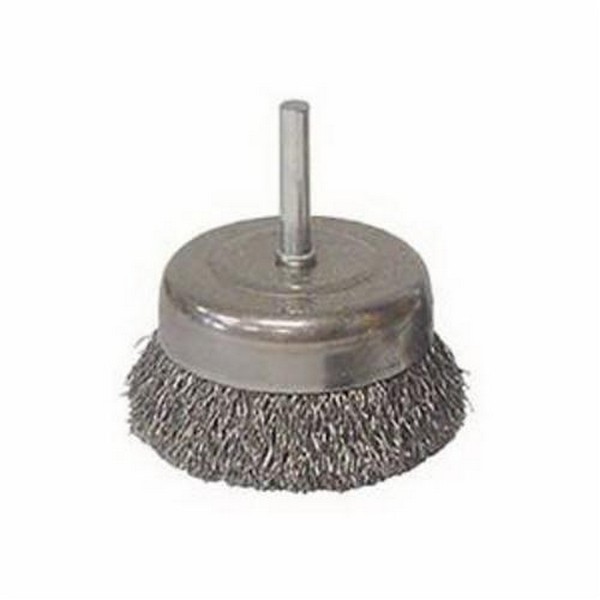 Cup Brush, Utility, 3 in Brush Dia, 1/4 in, Crimped Wire, 0.014 in Wire Dia, Carbon Steel Wire, 7/8 in Trim Length, 13000 RPM Max
