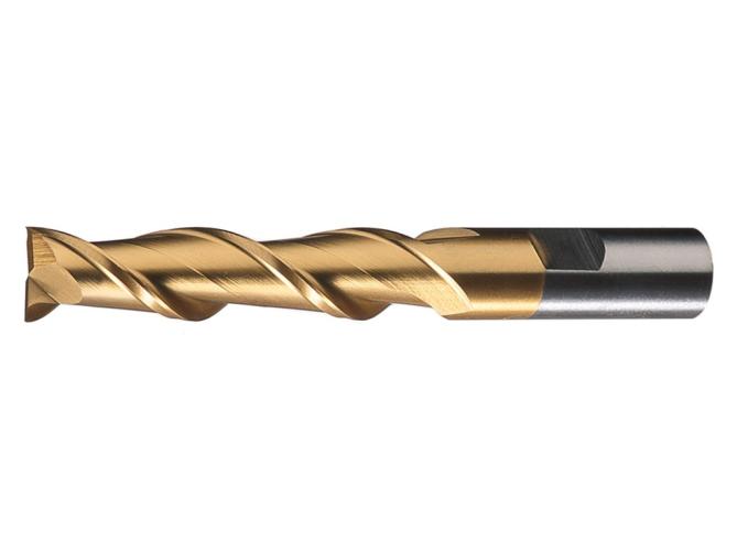 Finishing End Mill, Series: HGA-2-TN, 0.75 in Diameter Cutter, 6.25 in Overall Length, 4 in Length of Cut, 2 Flutes, Spiral Flute, 0.75 in Shank Diameter, Right Cutting Direction, Weldon Flat Shank, HSS, TiN