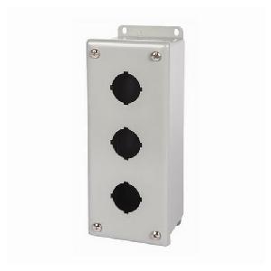 Pushbutton Enclosure, Class 52 Heavy Duty Oiltight, 8 in Length, 3-1/4 in Width, 2-3/4 in D, NEMA 12/13 NEMA Rating, Hinged Cover, 3 Outlets, Surface Mount, Steel Material, Gray Color