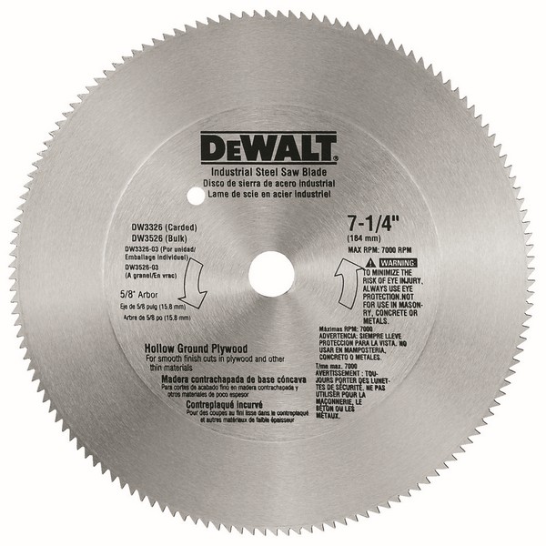 Circular Saw Blade, Hollow Ground Round Arbor, 7-1/4 in Diameter, 0.075 in Thickness, 5/8 in Arbor, ATB Teeth, 140 Teeth, 15° Tooth Angle, 7000 RPM Maximum, 2-3/8 in Cutting Depth, 0.065 in Kerf, Steel Cutting Edge, Steel Blade, Anti-Rust Coated