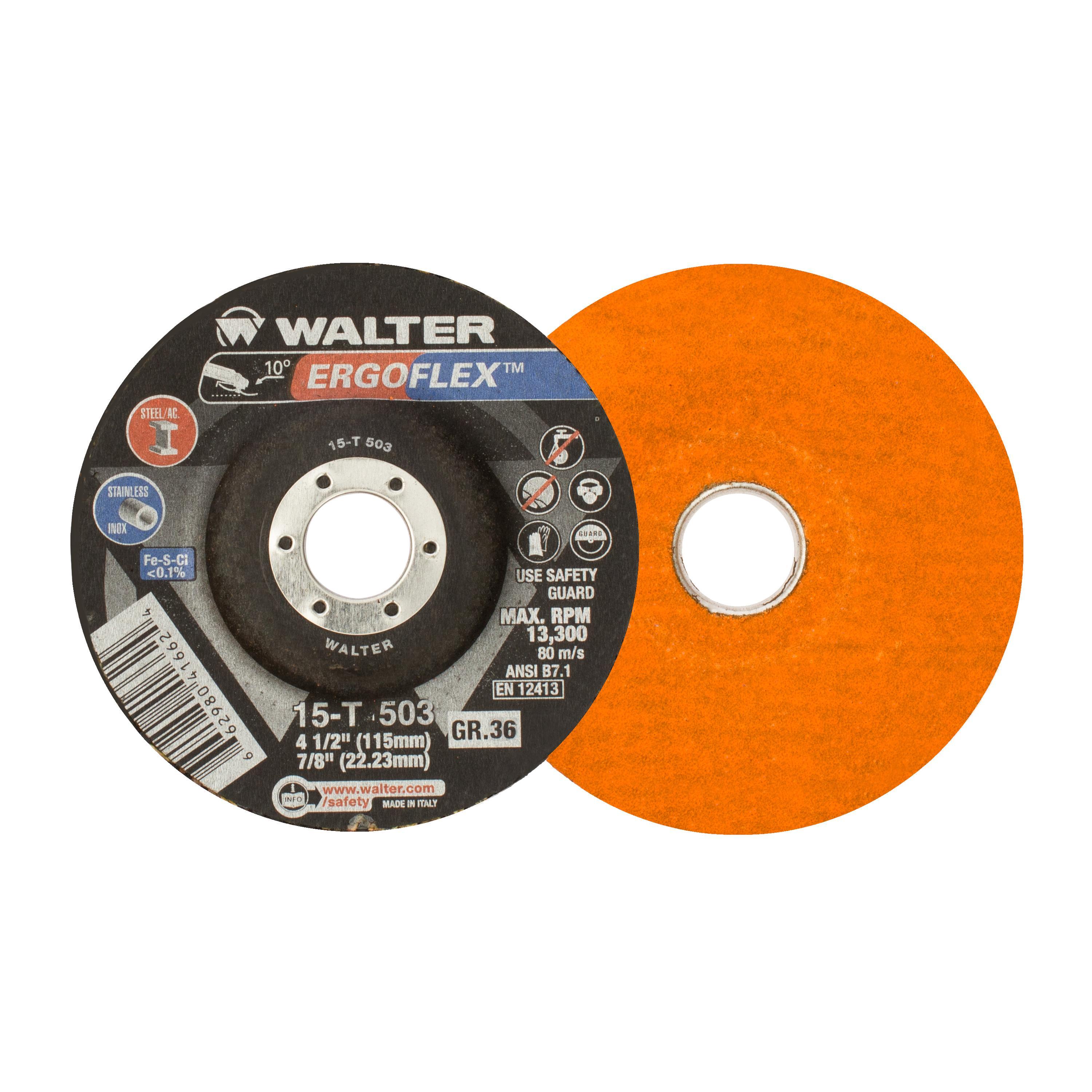 Abrasive Disc, 5 in Wheel Dia, 7/8 in Center Hole, 36 Grit, Wheel Type Number: Type 29, 12000 RPM Maximum, Applicable Materials: Stainless Steel and Steel
