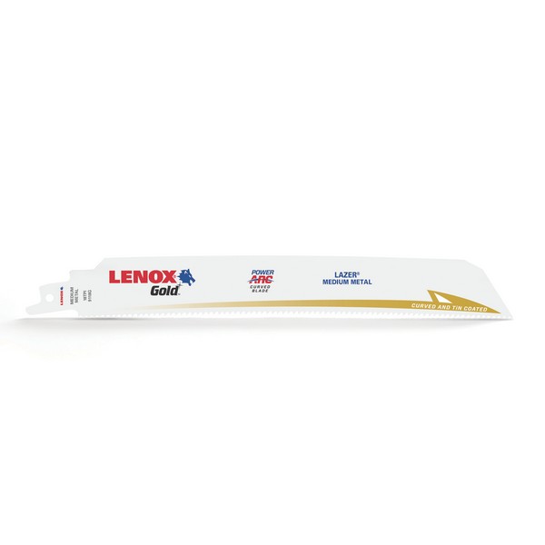 Reciprocating Saw Blade, Power Arc Curved, 9 in Length, 1 in Width, 0.035 in Thickness, 18, Reinforced/Tapered Pitch Teeth, 1/2 in Tang, Universal/Toothed Edge Tang, HSS Cutting Edge, Flexible Steel Body, Titanium Coated, Applicable Materials: Medium