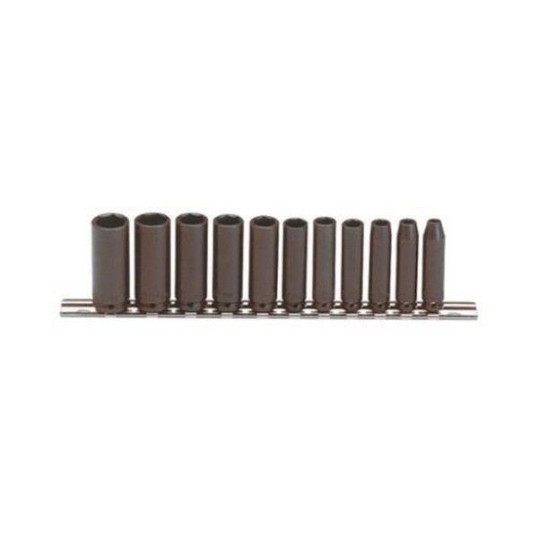 Socket Set, Yes Impact Rated, Measurement System: Metric, 11 Piece, 6 Points, 5 to 15 mm Included Socket Size, 1/4 in Drive, ASME B107.33M Specifications Met, Alloy Steel, Black Oxide
