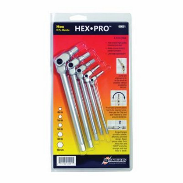 Key Set, Pivot Head, Measurement System: Metric, 5 Piece, 4 to 10 mm Hex, L-Handle Handle, Tool Steel, Matte Chrome