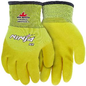 Work Gloves, Insulated, Series: Ninja® Ice, XS Size, HPT® Palm, Acrylic/Nylon, Hi-Viz Yellow/White, Hemmed/Keystone Thumb/Standard Finger Style, Acrylic Lining, Knit Wrist Cuff, Primary Polymer HPT® Coating, 11.81 in Length, Resists: Abrasion, Cut, H