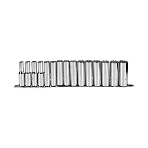 Socket Set, Deep, Measurement System: Metric, 15 Piece, 12 Points, Included Socket Size: 10 to 24 mm, 1/2 in Drive, Specifications Met: ASME B107.5M, Full Polished