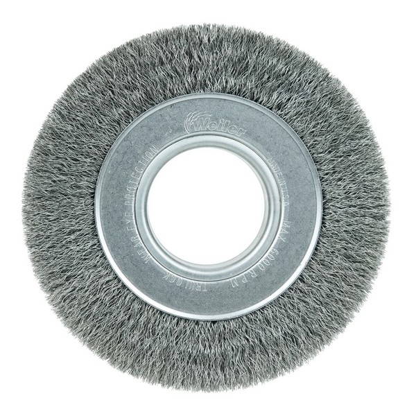 Wire Wheel Brush, Wide Face, 6 in Brush Dia, 1-1/4 in Brush Width, 2 in, Crimped Wire, 0.008 in Wire Dia, Steel Wire, 1-1/8 in Trim Length, 6000 RPM Max
