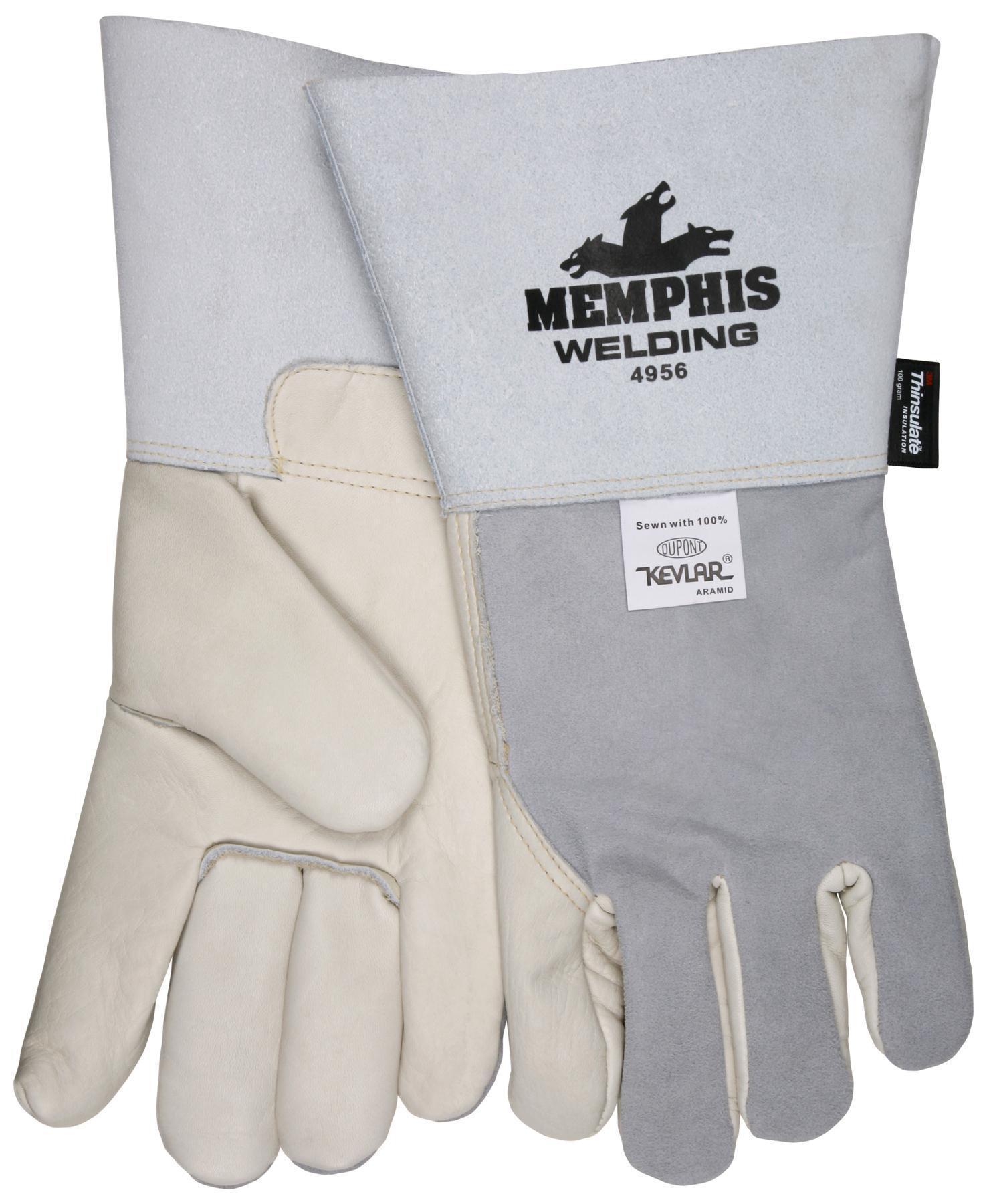 Gloves, Welding, M Size, Grain Leather Palm, Beige/Grey, Standard Finger Style, Thermal Lining, Gauntlet Cuff, 0.8 to 1.3 mm Glove Material