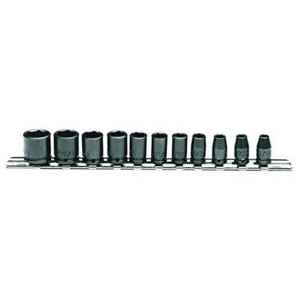 Socket Set, Standard, Yes Impact Rated, Measurement System: Imperial, 11 Piece, 6 Points, 3/16 to 5/8 in Included Socket Size, 1/4 in Drive, ASME B107.2 Specifications Met, Alloy Steel, Black Oxide