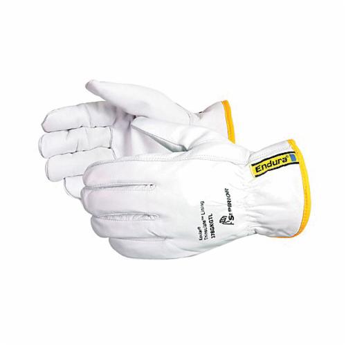Cut Resistant Gloves, Driver, Series: Endura®, M Size, Goatskin Grain Leather Palm, White, Gunn Cut/Keystone Thumb/Seamless Style, Kevlar®/Thinsulate™/Composite Filament Fiber/Silica Lining, Knit Wrist Cuff, ANSI Cut-Resistance Level: A4, ANSI Puncture-Resistance Level: 4