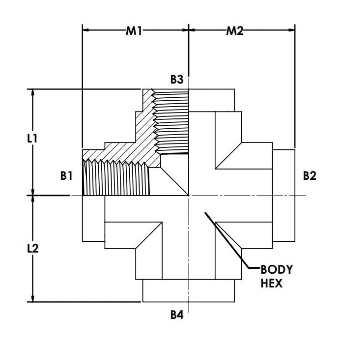 Hydraulic Cross, Series: 5652-FG, 1 1/4 Nominal, Female NPTF End Style, 1.70 Inch Length, 2500 PSI Pressure, Steel, 1.70 Inch Length Dimensions