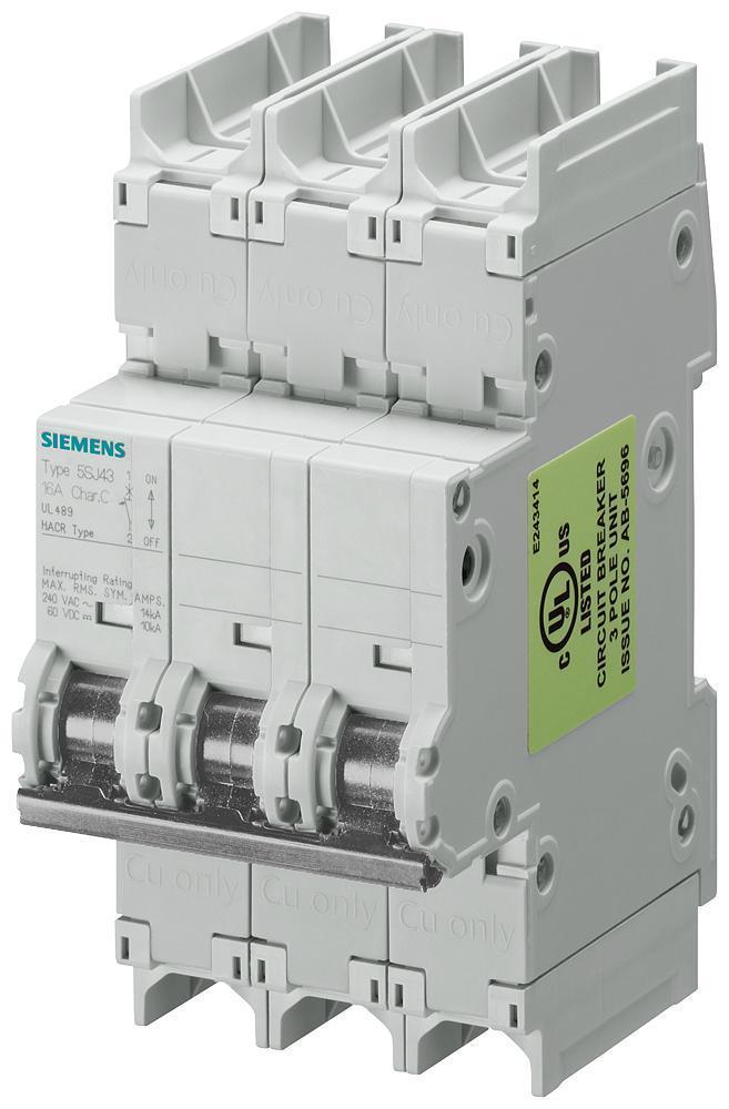 Miniature Circuit Breaker, 240 VAC, 1 A, 50 Hz Frequency, 14 kA Interrupt, HSJ Frame, Thermal/Magnetic Trip, 3 Pole, 3 ph, Handle Actuator, Screw Connection, 14 to 4 AWG Wire, IP20 Enclosure, DIN Rail Mounting, -25 to 55 °C, 110 mm H x 54 mm W x 70 m
