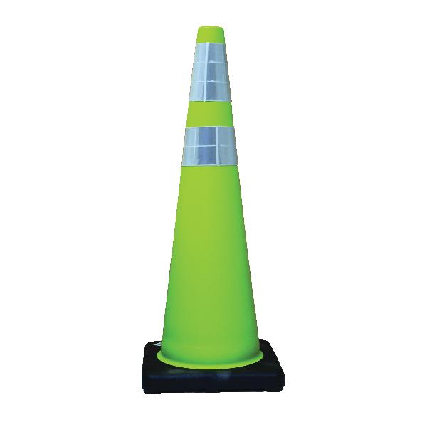 Traffic Cone, Series: DW-Series, 36 in Height, Fluorescent Lime Cone, PVC Cone, 6 in Upper/4 in Lower Collar Height, Reflective Collar, 2 Collars, Black Base, 10 lb Weight, Specifications Met: MUTCD Standard, NCHRP 350