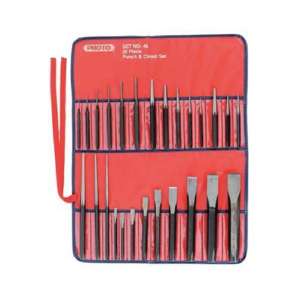 Punch and Chisel Set, 1/4 to 1-3/16 in Chisel, 3/32 to 1/2 in Punch, 10 in Overall Length, 17 Punches, 9 Chisels, 26 Piece, Yes Corrosion-Resistant, S2 Steel, Black Oxide
