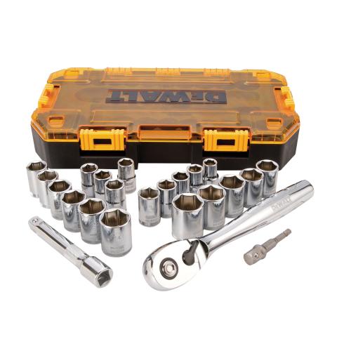 Combination Socket Set, Measurement System: Metric/Imperial, 23 Piece, 6 Points, 1/2 in Drive, Chrome Vanadium Steel, Polished