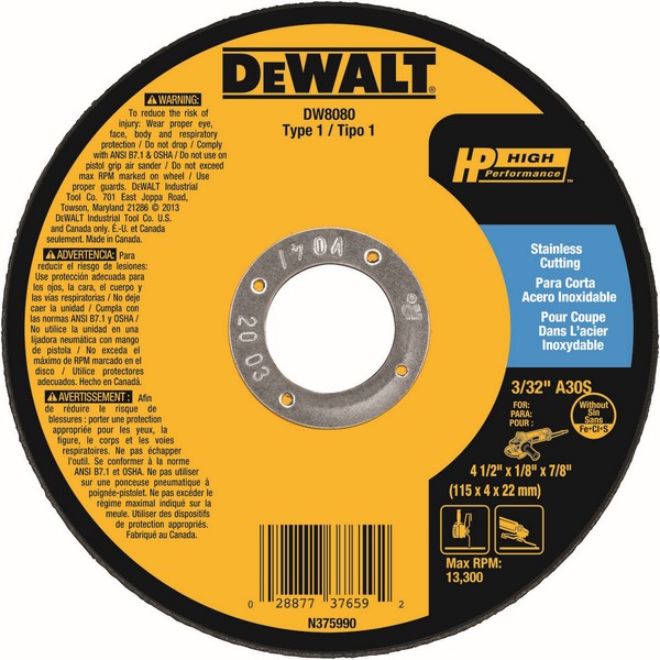 Cut-Off Wheel, Contaminant-Free Small Diameter, 4-1/2 in Wheel Diameter, 1/8 in Wheel, 7/8 in Center Hole, 30 Grit, Medium Grade, Aluminum Oxide Abrasive, 13300 RPM Resin Bond, Applicable Materials: Stainless Steel, Wheel Type Number: Type 1, Wheel H