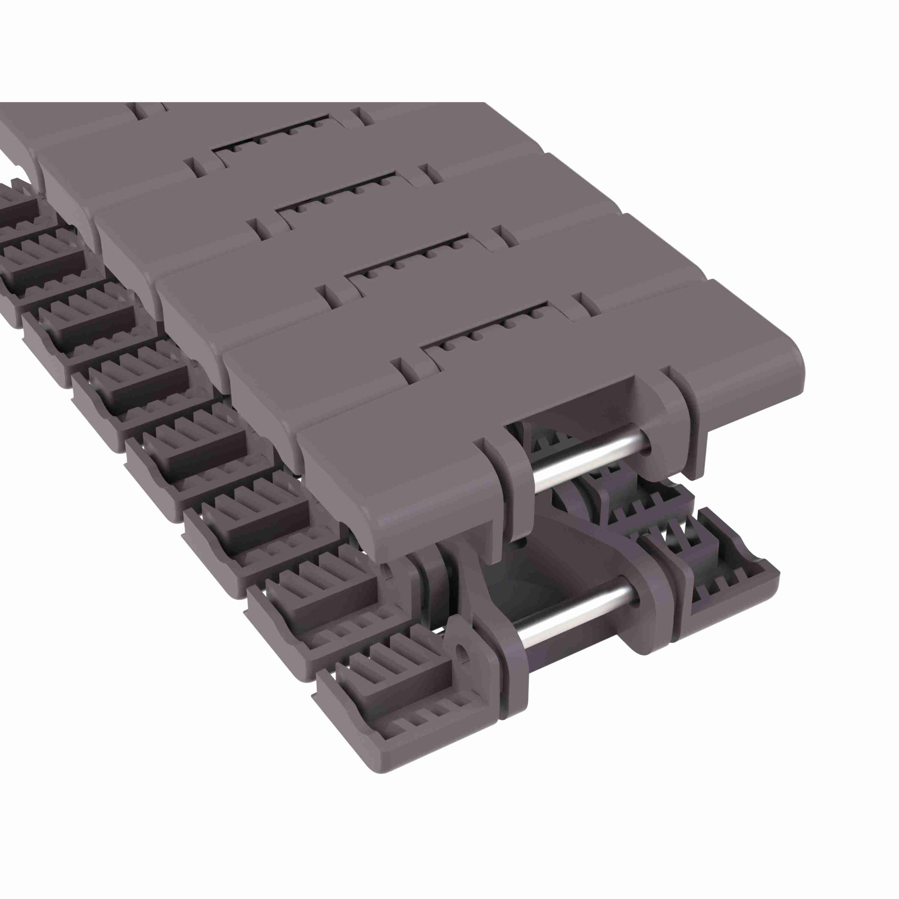 Tabletop Chain, Side-Flexing, Series: 1040, 1 in Pitch, 3.3 in Plate Width, 0.34 in Plate Thickness, 500 mm Minimum Side-Flex Radius, 130 mm Minimum Back-Flex Radius, 338 lb Tensile Strength, Acetal, Brown
