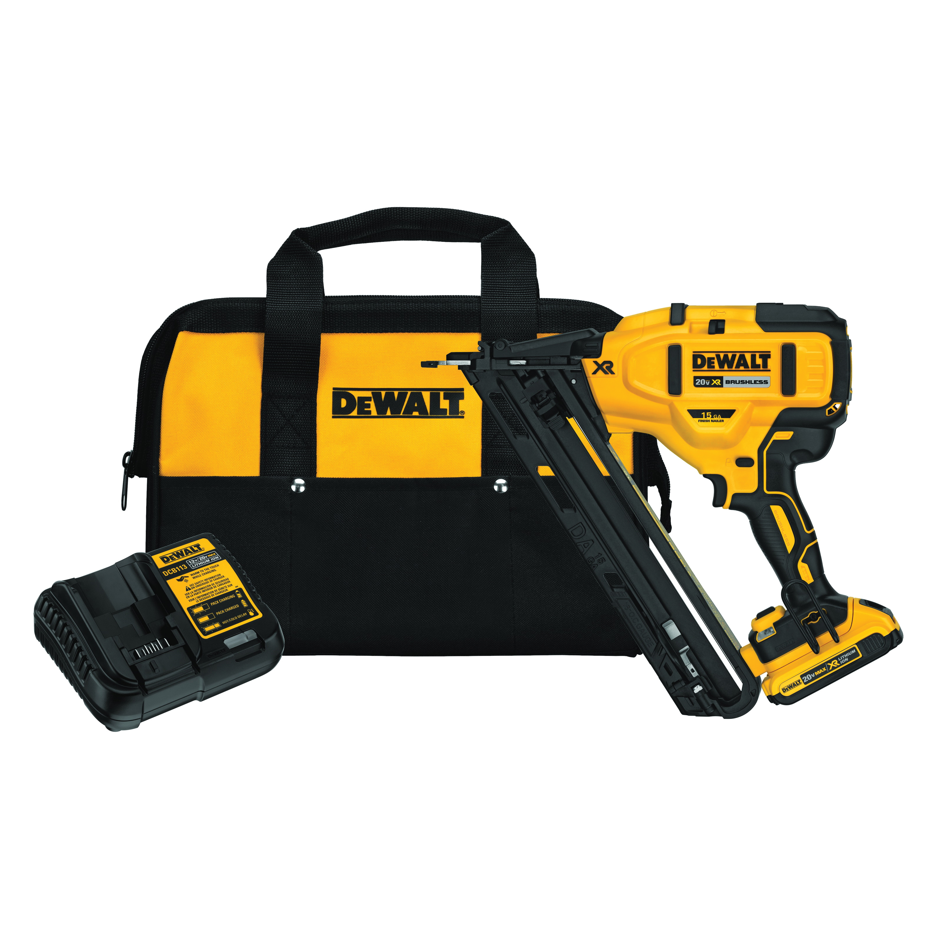 Cordless Nailer Kit, Angled Finish, 1-1/4 to2-1/2 in Fastener, For Fastener Type: 15 ga Angled Finish Nails DA Style, Adhesive Collation, 35 °Collation, 110 Magazine, Rear Load Loading, 0.072 in Shank, Tool-Free Selectable Trigger, 20 VDC, Battery Po