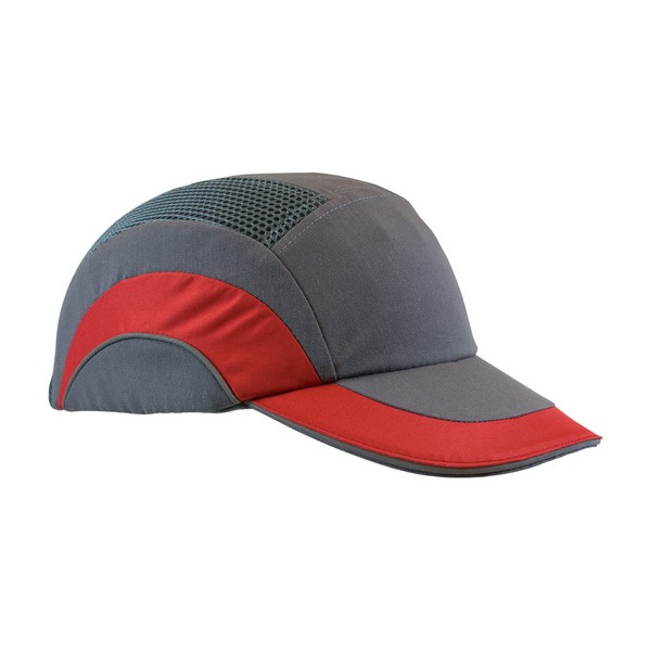 Bump Cap, Baseball Style Low Profile Standard Brim, Series: 282-ABR170, OS Size, Fits Hat Size: 6-5/8 to 7-7/8 in, Gray/Red, HDPE with EVA Foam Padding Liner/80% Polyester/20% Cotton Cap, Elastic Strap Suspension, 6 in L x 11 in W, Specifications Met