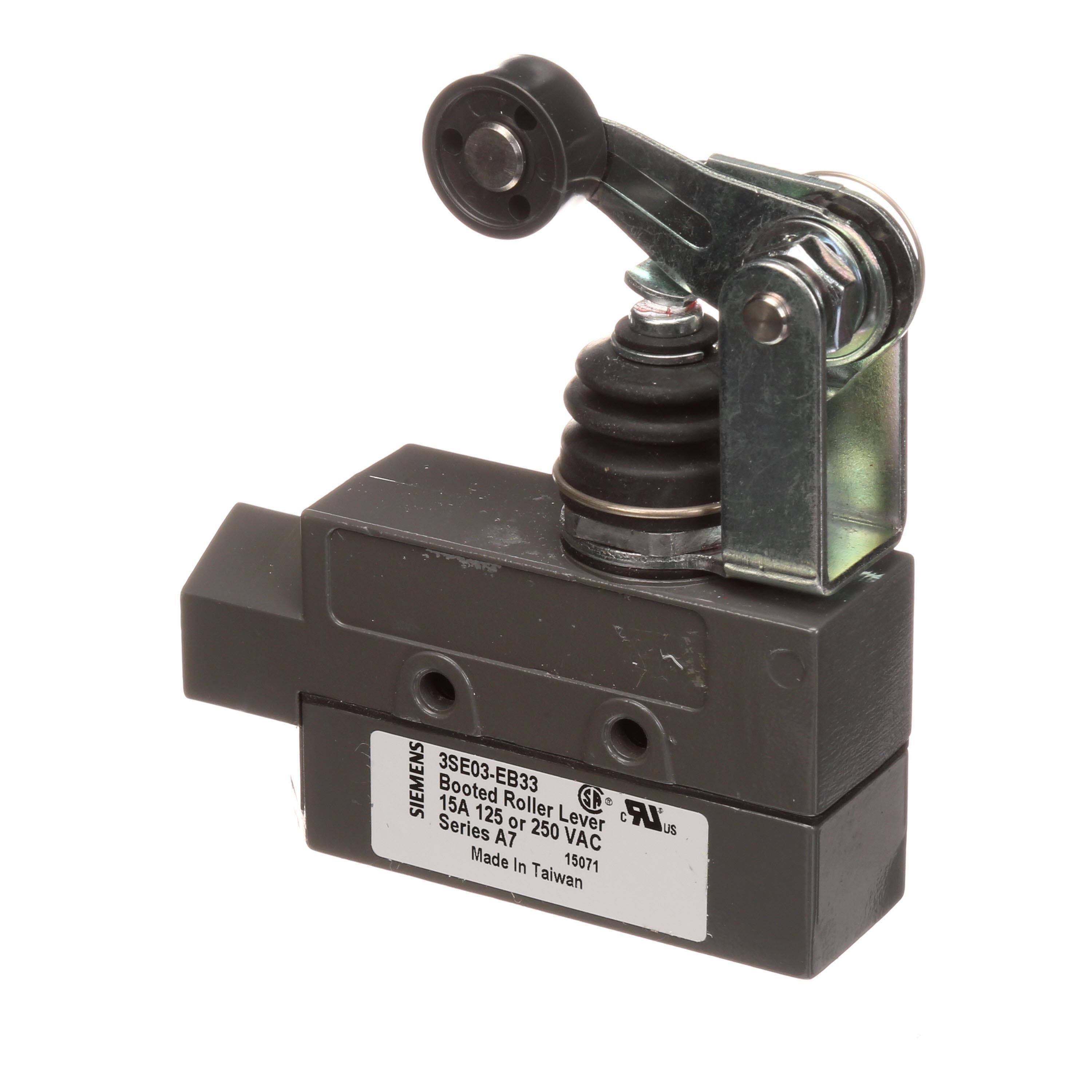Limit Switch, 125/250 VAC/8 to 14 VDC, 15 A, 1NC-1NO ContConfiguration, Snap Action, Roller Lever Actuator, 1/2 in NPT Connection, NEMA 1 Enclosure, 5 to 176 °F Operating, Die Cast Aluminum