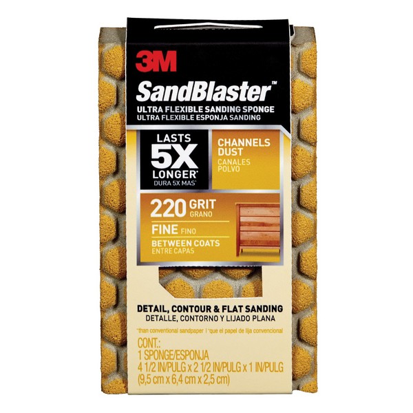 Sanding Sponge, Dust Channeling, 4-1/2 Inch Overall Length, 2-1/2 Inch Overall Width, 1 Inch Overall Thickness, 220 Grit, Aluminum Oxide Abrasive, Applicable Materials: Wood and Metal